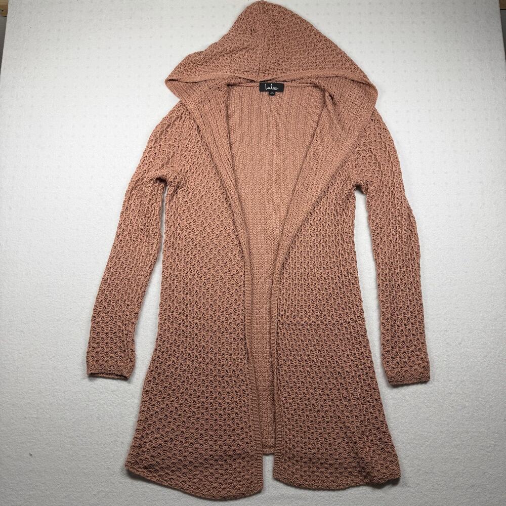 Lulus Hooded Knit Cardigan Sweater Women’s Small Mauve Pink Long Open Front Boho